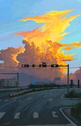 absurdres arrow_(symbol) artist_name building cat cloud commentary_request crescent crosswalk fangpeii flock guard_rail highres hill no_humans original plant procreate_(medium) road scenery sign sky sunset traffic_light