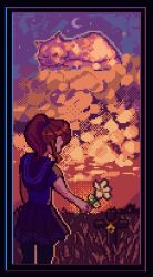1990s_(style) 1girl animal_collar cat cloud collar comfy crescent crescent_moon cross field flower hill landscape lilian_duleroux lowres moon nature night night_sky outdoors pet pixel_art retro_artstyle scenery sky solo star_(sky) starry_sky tombstone twilight