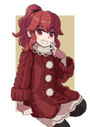 1girl absurdres anna_(fire_emblem) cianter finger_to_face fire_emblem fire_emblem_engage highres looking_at_viewer nintendo ponytail red_eyes red_hair red_sweater sidelocks smile solo sweater