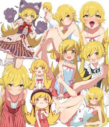 1girl alternate_costume animal_hands animal_hat bandaged_leg bandages bare_shoulders barefoot bat_(animal) between_legs blonde_hair blush blush_stickers bow bowtie dress eyewear_on_head fang fangs gloves halloween_costume hand_between_legs hat highres hunched_over juliet_sleeves long_hair long_sleeves looking_at_viewer maid monogatari_(series) multiple_views naked_towel open_mouth oshino_shinobu paw_gloves pink_dress pointy_ears puffy_sleeves red_bow red_bowtie sitting skin_fang sleeveless sleeveless_dress soles standing standing_on_one_leg tongue tongue_out towel twintails white_background white_dress yoshikirino