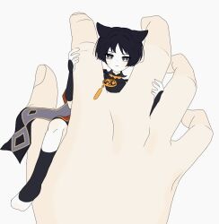 1boy 6seox_gb animal_ears armor black_bodysuit black_hair black_leggings blunt_ends bodysuit bright_pupils cat_boy cat_ears cheek_bulge covered_collarbone furisode genshin_impact gold grey_eyes highres holding holding_mini_person japanese_armor japanese_clothes jewelry kimono kote kurokote leggings looking_at_viewer male_focus mandarin_collar mini_person miniboy mitsudomoe_(shape) neck_ring scaramouche_(genshin_impact) toeless_legwear tomoe_(symbol) white_pupils wispy_bangs
