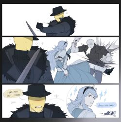 1boy 1girl 1other apron bald black_coat black_gloves black_hairband black_hat black_sweater blue_dress blue_hair blue_pants coat colored_skin dream_game dress eunoia_(dream_game) fedora gloves hairband hat highres juliet_sleeves kicking long_hair long_sleeves mafioso_(dream_game) open_mouth pants puffy_sleeves roblox sidelocks simple_background sweater v1kov white_apron white_background yellow_skin