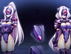 Rule 34 | 2girls, armor, azarin (kouyoku senki exs-tia), black gloves, boots, breasts, cleavage, cleavage cutout, closed mouth, clothing cutout, covered eyes, covered navel, cowboy shot, elbow gloves, expressionless, exs-slave, exs-slave beta, exs-slave gamma, game cg, gauntlets, gloves, groin, head-mounted display, headgear, high ponytail, highleg, highleg leotard, kouyoku senki exs-tia, large breasts, large variant set, leotard, long hair, mask, multiple girls, multiple views, non-web source, official art, pauldrons, ponytail, purple gloves, purple leotard, rieszverne suzette paladill, shoulder armor, standing, thighhighs, vambraces, variant set, very long hair, white hair