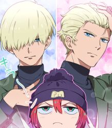 1boy 1girl amate_yuzuriha aqua_eyes beanie bishie_sparkle black_shirt blonde_hair blue_eyes blush char_aznable green_jacket gundam gundam_gquuuuuux hair_over_one_eye hair_slicked_back hat highres jacket jitome long_sleeves looking_at_viewer pom_pom_(clothes) pom_pom_beanie poteke red_hair shirouzu_(gundam) shirt short_hair smile sparkle_background turtleneck