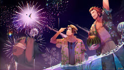 1girl 2boys :d aerial_fireworks arm_up artistic_error beard blindfold blue_shirt brown_hair copyright_name dairoku_ryouhei eyepatch eyewear_hang eyewear_on_head facial_hair fireworks food fruit hand_up hat hawaiian_shirt highres morino_minori multiple_boys night nihongi_arrow open_clothes open_mouth open_shirt oume_jin outdoors pectorals shirt smile sunglasses toned toned_male unworn_eyewear wading water watermelon