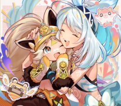 2girls animal_ears black_shorts blue_eyes blue_hair blush body_markings brown_hair chinchilla_ears chinchilla_girl closed_eyes commentary_request crop_top fish genshin_impact hand_on_another&#039;s_head highres kachina_(genshin_impact) long_hair mittens mscdraw mualani_(genshin_impact) multicolored_hair multiple_girls one_eye_closed open_mouth ponytail shorts simple_background visor_cap white_hair