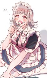 Rule 34 | 1girl, absurdres, alternate hair ornament, breasts, brown hair, danganronpa (series), danganronpa 2: goodbye despair, flipped hair, food, fork, hair ornament, highres, holding, holding fork, looking at viewer, maid, maid headdress, medium hair, momo inaz, nanami chiaki, pink ribbon, puffy short sleeves, puffy sleeves, ribbon, short sleeves, solo, triangle hair ornament