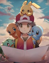 1boy backpack bag blue_eyes brown_eyes brown_hair bulbasaur charmander check_commentary closed_mouth commentary_request fangs floating gen_1_pokemon hat highres holding holding_map jacket legendary_pokemon looking_down map mew_(pokemon) mukomaru mythical_pokemon nintendo on_head open_mouth pikachu pink_eyes pokemon pokemon_(creature) pokemon_frlg red_(pokemon) red_eyes smile squirtle