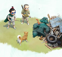 2boys ab_(atstudio) arahabaki bow bowtie broom bug cape damaged dog energy_gun fly goggles grass highres insect junk multiple_boys ray_gun shaved_head shirt shoes shorts sunglasses sword unused_tire weapon