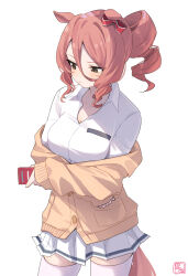 Rule 34 | 1girl, animal ears, artist name, averting eyes, blush, bow, brown eyes, cardigan, cellphone, closed mouth, commentary, cowboy shot, dress shirt, drill hair, drill sidelocks, ear bow, ears down, frown, highres, holding, holding phone, horse ears, horse girl, horse tail, kasamatsu tracen school uniform, katuko deluxe, long sleeves, medium hair, miniskirt, norn ace (umamusume), off shoulder, partially unbuttoned, phone, pleated skirt, red bow, school uniform, shirt, side drill, sidelocks, simple background, skirt, solo, standing, tail, thighhighs, umamusume, umamusume: cinderella gray, white background, white shirt, white skirt, white thighhighs, wing collar, yellow cardigan