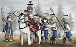 6+girls absurdres age_of_empires_(series) age_of_empires_ii animal armored_boots barefoot bird black_hair book boots breasts brown_hair cat_baguette_(popopoka) chicken english_text fighting genderswap genderswap_(mtf) hair_over_eyes highres holding holding_book holding_polearm holding_sword holding_weapon horse knight_(age_of_empires_ii) large_breasts long_sleeves minecraft monk_(age_of_empires_ii) multiple_girls open_book open_mouth polearm popopoka riding shield shield_on_back short_hair spearman_(aoe2) staff standing sword tree weapon zombie