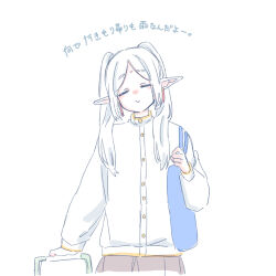 1girl =_= absurdres bag blush brown_skirt buttons closed_eyes closed_mouth collared_jacket earrings elf frieren hair_over_shoulder head_tilt highres jacket jewelry long_hair long_sleeves nose_blush parted_bangs pleated_skirt pointy_ears seila_rei shirt short_eyebrows shoulder_bag sidelocks simple_background skirt solo sousou_no_frieren thick_eyebrows translation_request twintails white_background white_hair white_jacket