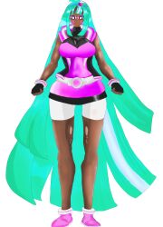 Rule 34 | absurdres, alternate color, aqua hair, belt, black gloves, black jacket, black skin, bliss (ppg), blue hair, breasts, colored skin, dress, gloves, green hair, highres, jacket, large breasts, non-web source, pink dress, powerpuff girls z, powerpunk girls, purple dress, purple eyes, purple shorts, shorts, turq, white belt