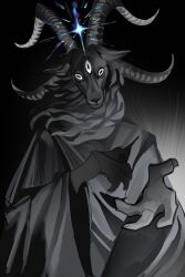 1other animal_ears black_background black_fur black_horns black_robe claws furry goat_ears goat_horns highres horizontal_pupils horns mane multiple_horns original reaching reaching_towards_viewer robe sketch solo sparkle straight-on third_eye tianlang_fenghuo upper_body