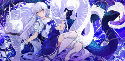 Rule 34 | 1girl, absurdres, blue bow, blue bowtie, blue eyes, blue skirt, blue theme, bow, bowtie, commentary request, dragon, dragon print, eastern dragon, flower, frilled gloves, frills, gloves, grey hair, hair flower, hair ornament, highres, long hair, original, parted lips, print shirt, puffy short sleeves, puffy sleeves, sailor collar, school uniform, shirt, shirt tucked in, short sleeves, skirt, snake, snake print, solo, thighhighs, tiandingfengren, tiger, very long hair, white gloves, white thighhighs