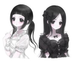 2girls black_bow black_bowtie black_dress black_eyes black_hair black_ribbon blunt_bangs bow bowtie closed_mouth commission dress expressionless frilled_bowtie frilled_dress frilled_sleeves frills hair_bow highres index_finger_raised jewelry light_blush long_hair looking_at_viewer multiple_girls necklace original pale_skin parted_bangs pearl_necklace puffy_short_sleeves puffy_sleeves ribbon short_sleeves simple_background sleeve_ribbon twintails upper_body watermark white_background white_bow white_bowtie white_dress white_ribbon xxxtsv