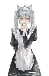 1boy absurdres alien_stage alternate_costume animal_ears apron arm_behind_back cat_ears chinese_commentary commentary covering_own_mouth cowboy_shot crossdressing enmaided frilled_apron frills green_eyes grey_hair hand_over_own_mouth highres juliet_sleeves long_hair long_sleeves maid maid_apron male_focus puffy_sleeves simple_background solo till_(alien_stage) twintails wanxuyi white_apron white_background