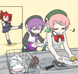 Rule 34 | 3girls, :|, against wall, ahoge, apron, back bow, beret, black headwear, black shirt, black skirt, black sleeves, black socks, bow, bowl, bowtie, chopsticks, closed eyes, closed mouth, collared shirt, crossed arms, detached sleeves, dishwashing, doorway, dress, drill hair, facing viewer, frying pan, green bow, green dress, green headwear, hair bow, hair ornament, hairclip, hat, holding, holding sponge, humming, indoors, jitome, kasane teto, kasane teto (utau), kitchen, leaning to the side, looking at another, momone momo, multiple girls, musical note, necktie, no shoes, pink hair, plate, purple eyes, purple necktie, raised eyebrows, red bow, red bowtie, red hair, rice bowl, robot ears, saruyama ushirou, shirt, short hair, sink, skirt, sleeveless, sleeveless shirt, smile, soap bubbles, socks, solid oval eyes, sponge, swept bangs, twin drills, untying, utane uta, utau, v-shaped eyebrows, white apron, white shirt