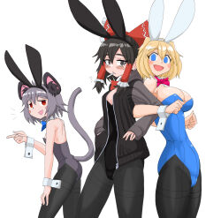 3girls :d alice_margatroid animal_ears black_eyes black_hair black_hoodie black_leotard blonde_hair blue_bow blue_bowtie blue_eyes blue_leotard blush bow bowtie breasts cigarette commentary_request cookie_(touhou) cowboy_shot detached_collar fake_animal_ears frilled_bow frilled_hair_tubes frills grey_hair grey_leotard hair_bow hair_tubes hakurei_reimu highres hood hood_down hoodie kofji_(cookie) large_breasts leotard locked_arms looking_at_viewer maru_(cookie) medium_breasts mouse_ears mouse_girl mouse_tail multiple_girls nazrin open_clothes open_hoodie open_mouth pantyhose playboy_bunny pyukasshori rabbit_ears red_bow red_bowtie red_eyes short_hair sidelocks simple_background small_breasts smile strapless strapless_leotard tail touhou web_(cookie) white_background wrist_cuffs