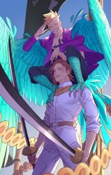 2boys belt bird_boy blonde_hair brown_belt brown_hair chest_tattoo closed_eyes dual_wielding grin highres holding male_focus marco_(one_piece) monster_boy multiple_boys murokan_77 one_piece open_clothes open_shirt outdoors pants pectorals perching purple_shirt salute shirt short_hair sleeves_rolled_up smile talons tattoo thatch white_pants