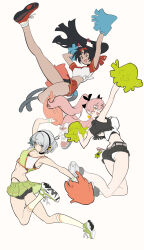 3girls anby_demara armpits ass bare_legs belt black_hair breasts cheerleader clothes_lift crop_top floating_hair green_skirt grey_hair hair_ornament highres holding holding_pom_poms large_breasts leg_up medium_breasts midriff miniskirt multiple_girls nekomiya_mana nicole_demara niihatigounana panties pink_hair pleated_skirt pom_pom_(cheerleading) pom_poms red_shirt red_skirt shirt shoes shorts skirt sneakers tied_shirt underwear white_panties white_shirt zenless_zone_zero