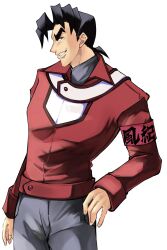 1boy alternate_costume alternate_universe arm_at_side armband black_hair duel_academy_uniform_(yu-gi-oh!_gx) facing_to_the_side grey_pants grey_shirt grin hand_on_own_hip highres jacket lone_nape_hair looking_to_the_side male_focus pants parted_bangs red_armband red_jacket shirt smile spiked_hair sufaaa0427 ushio_tetsu white_background white_trim yu-gi-oh! yu-gi-oh!_gx