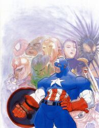 1995 1girl 6+boys abs armor avengers_(series) belt bengus blackheart_(marvel) blue_eyes bodysuit captain_america colored_skin gloves green_skin helmet hulk iron_man iron_man_(series) juggernaut_(x-men) lipstick magneto makeup marvel multiple_boys muscular official_art pectorals power_suit psylocke purple_hair red_gloves retro_artstyle shield shuma_gorath spider-man spider-man_(series) superhero_costume wolverine_(x-men) x-men