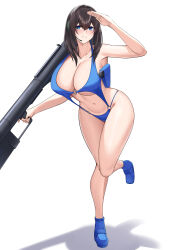 1girl absurdres arisugawa_ya bare_shoulders bazooka_(gundam) bikini black_hair blue_bikini blue_eyes blue_shoes blush breasts cleavage collarbone commentary commission cosplay full_body gun gundam hair_between_eyes headphones highres holster idolmaster idolmaster_cinderella_girls large_breasts light_smile long_hair navel neneka_nibrou neneka_nibrou_(cosplay) o-ring o-ring_bikini o-ring_swimsuit pixiv_commission sagisawa_fumika salute shoes solo swimsuit thighs victory_gundam weapon