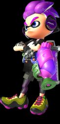 Rule 34 | 1boy, 3d, bike shorts, black shirt, blue eyes, crossed arms, cuttlefrsh (splatoon), eye mask, fingerless gloves, frown, full body, gloves, gradient hair, headphones, holding, holding weapon, ink tank (splatoon), inkling, inkling boy, inkling player character, looking ahead, lowres, multicolored hair, nintendo, official art, purple hair, shirt, shoelaces, shoes, short sleeves, smile, sneakers, solo, splatoon (series), splatoon 2, splattershot (splatoon), spotted hair, standing, t-shirt, tentacle hair, thick eyebrows, transparent background, two-tone hair, v-shaped eyebrows, weapon, yellow shoes