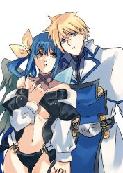 1boy 1girl asymmetrical_wings blue_eyes breasts brown_eyes cleavage couple dizzy_(guilty_gear) guilty_gear guilty_gear_x guilty_gear_xx highres ky_kiske leaning_on_person navel nishimoto parted_lips stomach wings
