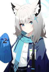 1girl absurdres animal_ear_fluff animal_ears black_skirt blue_archive blue_eyes blue_jacket blue_necktie blue_scarf blush closed_mouth cross_hair_ornament grey_hair hair_between_eyes hair_ornament highres holding holding_mask id_card jacket long_hair looking_at_viewer mask momoko_kino necktie plaid_clothes plaid_skirt scarf shiroko_(blue_archive) shirt sidelocks skirt smile solo white_shirt wolf_ears wolf_girl