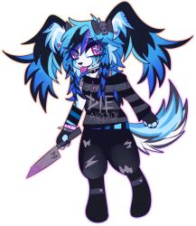 1girl amemiya_darumi animal_ears black_bow black_hair black_jeans black_pants blue_flower blue_hair bow collar dog_ears dog_girl dog_tail english_text female_focus fingernails flower full_body furry furry_female hair_between_eyes holding holding_knife holding_weapon knife long_hair looking_at_viewer multicolored_hair nail_polish pants papillon_(dog) pink_eyes pink_hair scene_fashion shirt simple_background solo solo_focus standing striped_clothes striped_shirt striped_wristband tail the_hundred_line_-last_defense_academy- tongue tongue_out torn_clothes torn_legwear torn_pants transparent_background twintails weapon wrist_cuffs wristband