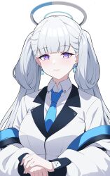 1girl absurdres blue_archive blue_necktie borrowed_hairstyle breasts closed_mouth collared_shirt commentary earrings halo highres jacket jewelry jinhsi_(wuthering_waves) large_breasts long_hair looking_at_viewer low_twintails necktie noa_(blue_archive) off_shoulder purple_eyes reia_76 shirt simple_background smile solo twintails upper_body white_background white_jacket white_shirt wuthering_waves