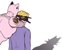 1boy 1other \n/ animal_ears blonde_hair cat_ears cat_shadow_puppet_(meme) diamond_wa_kudakenai formal_clothes from_behind highres jacket jojo_no_kimyou_na_bouken kabutom_ue_shi killer_queen kira_yoshikage long_sleeves male_focus meme purple_jacket shadow stand_(jojo) suit upper_body white_background