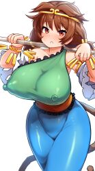 Rule 34 | 1girl, breasts, circlet, dress, gold circlet, green dress, highres, large breasts, low twintails, monkey girl, monkey tail, peso (cheese company), ruyi jingu bang, single-shoulder dress, solo, son biten, tail, touhou, twintails