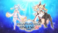 2girls blonde_hair blue_hair breasts dress full_body gene_(pso2) green_eyes green_hair hair_ornament hairclip headgear large_breasts logo long_sleeves looking_at_viewer multicolored_hair multiple_girls nidy off-shoulder off-shoulder_sweater off_shoulder official_art open_mouth phantasy_star phantasy_star_online_2 short_dress simple_background sitting smile sweater tail thighhighs twintails very_long_sleeves