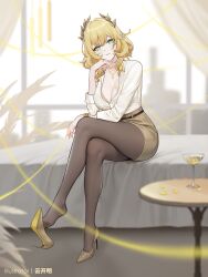 1girl aglaea_(honkai:_star_rail) alternate_costume blonde_hair blurry blurry_background breast_tattoo breasts brown_skirt collarbone crossed_legs cup curtains drinking_glass feet full_body green_eyes grey_pantyhose head_rest head_wreath high_heels highres honkai:_star_rail honkai_(series) indoors jewelry large_breasts light_smile looking_at_viewer missing_commentary necklace office_lady on_bed paid_reward_available pantyhose parted_lips pumps ring shirt shoe_dangle shoes short_hair sitting skirt solo table tattoo toes white_shirt window yellow_shoes yunkaiming