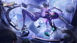 1girl absurdres bodysuit breasts building city cityscape copyright_logo falling floating full_body gloves headgear highres impossible_bodysuit impossible_clothes iva_(starward) large_breasts logo long_hair looking_at_viewer official_art outdoors outstretched_arms purple_bodysuit purple_eyes purple_hair robot rubble science_fiction skin_tight skyscraper solo starward