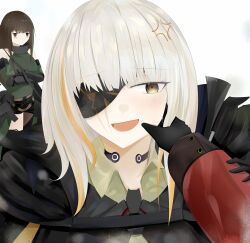 2girls absurdres black_coat black_gloves black_shorts blunt_bangs brown_eyes brown_hair cain_pasos_crow coat commander_(girls&#039;_frontline) eyepatch girls&#039;_frontline gloves green_tank_top griffin_&amp;_kryuger_military_uniform highres jacket long_hair long_sleeves looking_at_viewer m16a1_(boss)_(girls&#039;_frontline) m16a1_(girls&#039;_frontline) m4a1_(girls&#039;_frontline) m4a1_(mod3)_(girls&#039;_frontline) mole mole_under_eye multicolored_hair multiple_girls off_shoulder open_mouth pinching red_jacket scar scar_across_eye scar_on_face shirt shorts tank_top white_hair yellow_eyes yellow_shirt