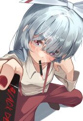 1girl bow cigarette fujiwara_no_mokou hair_bow hair_ribbon highres long_hair long_sleeves looking_at_viewer maaakaronii pants pov red_eyes ribbon shirt smoking solo squatting suspenders touhou valentine white_hair white_shirt