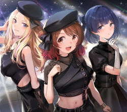 3girls arm_belt asymmetrical_clothes bare_shoulders begrazia_(idolmaster) belt black_belt black_bow black_corset black_dress black_pants black_ribbon black_skirt blonde_hair blush bow bracelet breasts brown_eyes brown_hair closed_mouth corset cropped_jacket dress elbow_gloves fishnets gakuen_idolmaster gloves gold_bracelet hair_bun hanami_ume hand_up hat hat_bow hataya_misuzu highres idolmaster index_finger_raised jewelry juliet_sleeves juo_sena large_breasts laser long_hair long_sleeves looking_at_viewer looking_to_the_side midriff mole mole_under_mouth multicolored_hair multiple_bracelets multiple_girls navel open_mouth pants parted_lips pink_hair puffy_sleeves purple_eyes purple_hair ribbon short_hair short_sleeves single_sleeve single_strap skirt smile smoke sparkle stage_lights streaked_hair tile_floor tiles tuna_picture two-tone_hair very_long_hair white_gloves