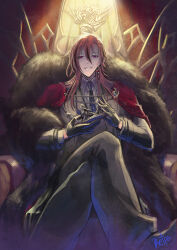 Rule 34 | 1boy, black gloves, black hair, black jacket, black necktie, black pants, black shawl, black vest, cape, collared shirt, commission, crossed legs, crown, curtained hair, earrings, feet out of frame, fur shawl, gloves, grey shirt, hair between eyes, holding, holding crown, jacket, jewelry, long hair, long sleeves, looking at viewer, male focus, multicolored hair, necktie, orange hair, original, pants, parted lips, pink eyes, pinstripe pattern, pinstripe shirt, red cape, retpa, shaded face, shawl, shirt, single earring, sitting on throne, smirk, solo, spotlight, streaked hair, sweater guard, unworn crown, vest