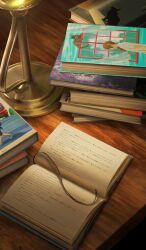 book book_focus book_stack bookmark commentary fate/grand_order fate_(series) indoors lamp lasengle no_humans official_art open_book still_life table third-party_source