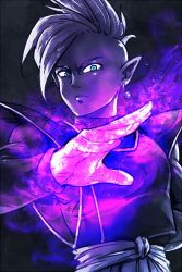 Rule 34 | 1boy, blue eyes, blue sash, colored skin, dragon ball, dragon ball super, earrings, green skin, jewelry, kemachiku, long sleeves, looking at viewer, mohawk, pointy ears, potara earrings, purple shirt, sash, serious, shirt, short hair, solo, white hair, zamasu