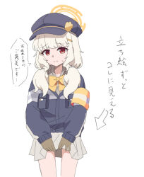 Rule 34 | 1girl, aoba (blue archive), armband, arrow (symbol), blue archive, blue hat, blue jacket, bow, brown gloves, closed mouth, collared shirt, dress shirt, gloves, grey shirt, grey skirt, hair ornament, hair over shoulder, hairclip, halo, hat, jacket, long hair, long sleeves, looking at viewer, newsboy cap, nyaru (nyaru 4126), pleated skirt, puffy long sleeves, puffy sleeves, red eyes, shirt, simple background, skirt, sleeves past wrists, small sweatdrop, solo, sweat, translation request, white background, white hair, yellow bow