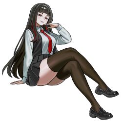 1girl absurdres ass ass_peek black_hair black_shoes black_skirt black_thighhighs black_vest blunt_bangs breasts collared_shirt eyes_visible_through_hair full_body hand_on_ground highres large_breasts long_bangs long_hair looking_at_viewer multicolored_hair necktie original red_eyes red_hair red_necktie shirt shoes sitting skirt smile solo streaked_hair teeth thighhighs thighs very_long_hair vest white_background white_shirt zeon_(zzeeonn)