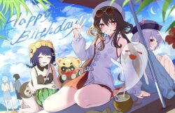 Rule 34 | 2boys, 3girls, absurdres, animal hat, beach, blue hair, blue hat, boo tao (genshin impact), brown hair, chongyun (genshin impact), closed eyes, cloud, cloudy sky, coconut, coconut cup, detached collar, detached sleeves, eating, faceless, flower-shaped pupils, food, fruit, genshin impact, ghost, guoba (genshin impact), happy birthday, hat, highres, hu tao (cherries snow-laden) (genshin impact), hu tao (genshin impact), jacket, jacket on shoulders, long hair, magnet 8 8, male swimwear, multiple boys, multiple girls, nail polish, open mouth, purple eyes, purple hair, qiqi (genshin impact), red-tinted eyewear, red eyes, red nails, round eyewear, shirt, short hair, sky, smile, sparkle, swim trunks, swimsuit, symbol-shaped pupils, tinted eyewear, umbrella, v, watermelon, watermelon slice, white hat, white shirt, white sleeves, xiangling (genshin impact), xiangling (new year&#039;s cheer) (genshin impact), xingqiu (genshin impact), yellow hat