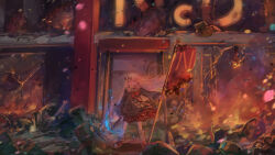 1girl blonde_hair bow broken_window cyasha debris destruction embers fire flag glowing hair_bow highres holding holding_flag holding_pickaxe hololive legs_apart long_hair loose_socks minecraft minecraft_pickaxe momosuzu_nene momosuzu_nene_(casual) pickaxe red_shoes red_skirt serious shoes sign skirt socks solo virtual_youtuber wind