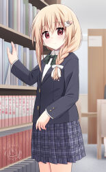 1girl black_jacket blazer blonde_dog_girl_(ri-net) blonde_hair blush book bookshelf bow braid cat_hair_ornament character_watermark closed_mouth collared_shirt commentary_request dress_shirt green_bow grey_skirt hair_between_eyes hair_bow hair_ornament hair_over_shoulder hairclip indoors jacket long_hair looking_at_viewer original plaid_bow plaid_clothes plaid_skirt pleated_skirt red_eyes ri-net shirt single_braid skirt smile solo white_bow white_shirt