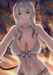 Rule 34 | 1girl, absurdres, alternate costume, artist name, bare shoulders, bikini, black horns, black tail, breasts, collarbone, commentary, curled horns, demon tail, english commentary, erlisa takanashi, from below, front-tie bikini top, front-tie top, grey hair, hair between eyes, highres, horns, large breasts, long hair, looking at viewer, multicolored hair, navel, parted lips, red eyes, smile, solo, stomach, streaked hair, swimsuit, tail, white bikini, wuthering waves, zani (wuthering waves)